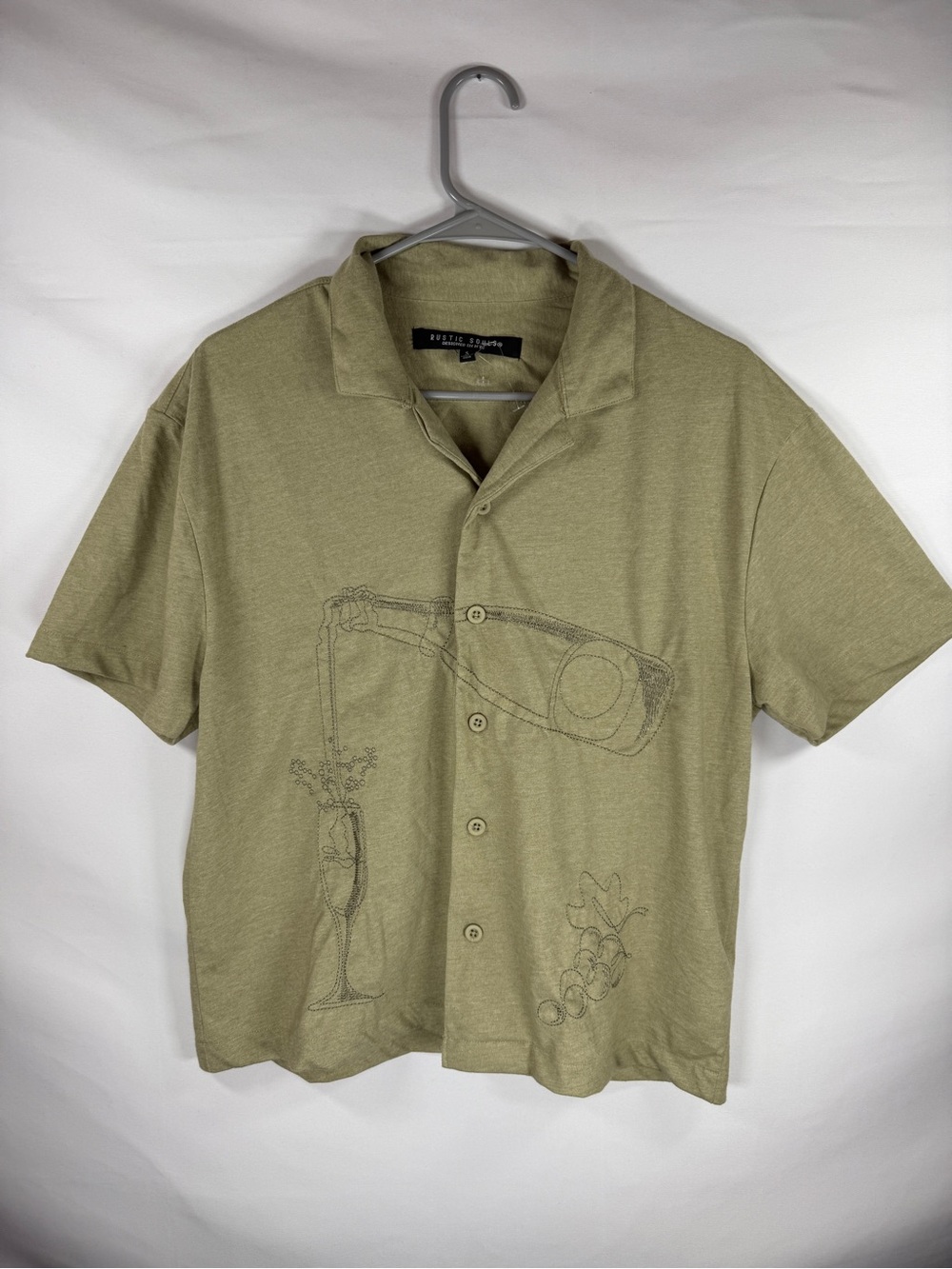 Rustic Souls Wine Glass Embroidered Button Shirt S  Olive Green Short Sleeve